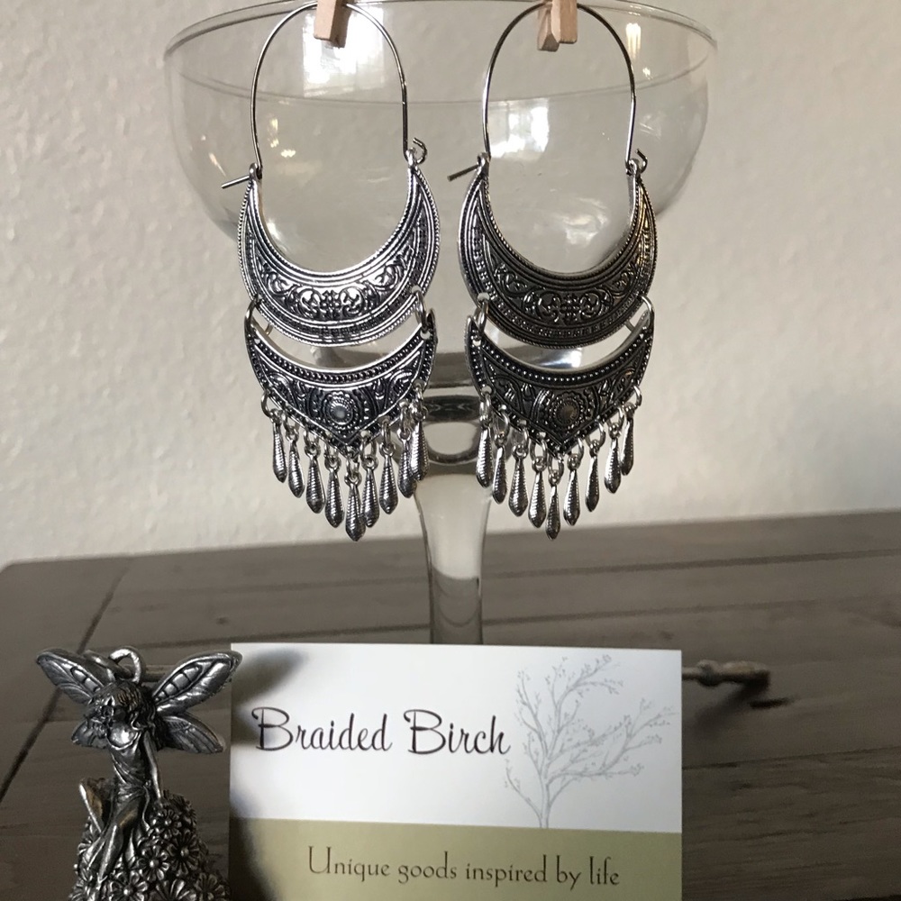 Silvertone Crescent Embossed Drop Earrings - Picture 4 of 4